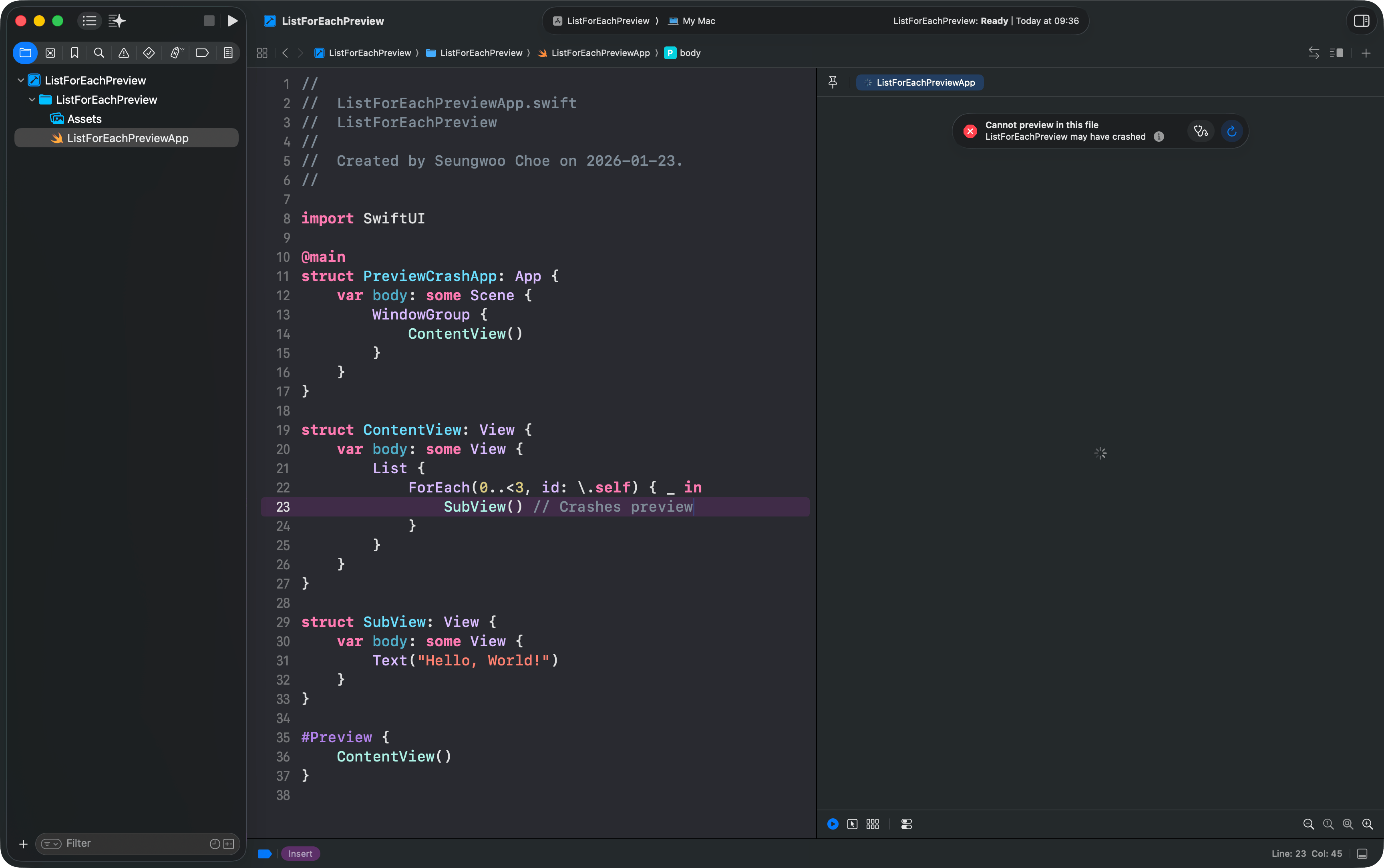 SwiftUI Preview crashes with List ForEach subviews on macOS